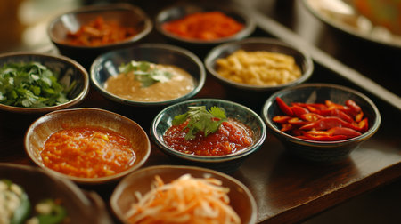 A vibrant collection of fresh condiments and sauces displayed in bowls. Perfect for enhancing flavors in various dishes, showcasing culinary creativity.の素材