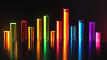 Vibrant sound wave visualization featuring neon-colored bars with reflective surfaces. Ideal for music, audio, and technology-related projects.の素材