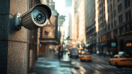 A detailed view of a security camera mounted on a building in a bustling urban environment, highlighting the intersection of technology and city life.の素材