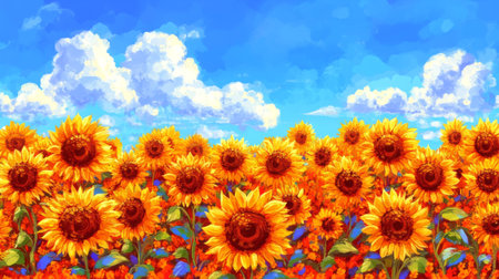 A bright and vibrant sunflower field stretches under a clear blue sky, dotted with fluffy white clouds, showcasing nature's beauty and vivid colors.の素材