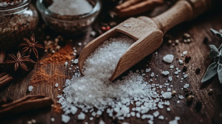 Explore the beauty of natural ingredients with a wooden scoop holding coarse sea salt. Perfect for culinary projects, this rustic backdrop inspires creativity.の素材
