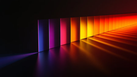 A captivating display of colorful reflections and soft shadows on a dark surface, showcasing a gradient of vibrant hues that create a visually striking atmosphere.の素材