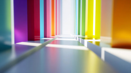 This artistic image showcases colorful columns in a bright space, creating a vibrant and dynamic atmosphere. The play of light and shadow enhances its modern design.の素材