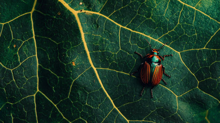 A vibrant beetle rests on a green leaf, showcasing intricate details and vivid colors. The image captures the beauty of nature and the delicate balance of wildlife.の素材