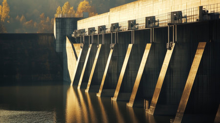 This image showcases a massive concrete dam reflecting in serene water under soft autumn light, capturing the harmony between engineering and nature.の素材