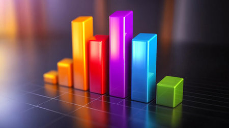 This vibrant 3D graph visually represents data trends with colorful bars, perfect for business presentations, marketing strategies, and analytical insights.の素材