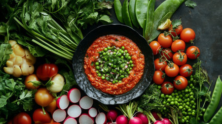 A vibrant arrangement of fresh vegetables surrounds a black bowl filled with a spicy sauce. Perfect for showcasing healthy cooking and vegetarian cuisine.の素材