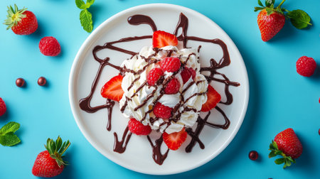 A delightful dessert featuring fresh strawberries and raspberries topped with fluffy whipped cream and drizzled with rich chocolate sauce, perfect for any occasion.の素材