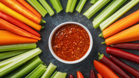 A vibrant assortment of fresh vegetables surrounds a bowl of spicy dipping sauce, creating an enticing display ideal for healthy snacks or appetizers.の素材