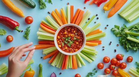 A vibrant arrangement of fresh vegetables surrounding a bowl of spicy salsa dip. Perfect for healthy snacking, party platters, and culinary inspiration.の素材