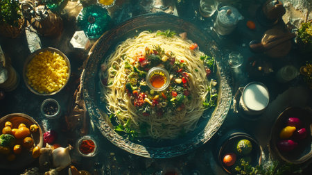 A vibrant pasta dish adorned with fresh herbs and tomatoes, surrounded by colorful ingredients, creating an inviting and festive dining scene perfect for culinary enthusiasts.の素材