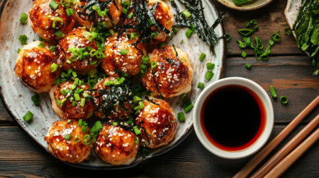A vibrant plate of freshly made takoyaki balls, garnished with green onions and seaweed. Perfectly paired with soy sauce, this dish embodies savory Japanese street food.の素材