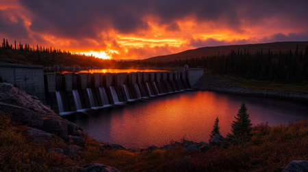 A breathtaking view of a hydroelectric dam at sunset, featuring vibrant colors reflecting in the calm water, surrounded by trees and a dramatic sky.の素材