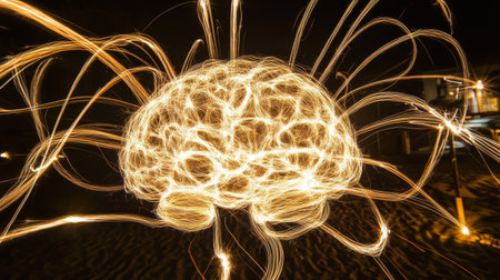 This artistic image captures a vibrant representation of a human brain created with light sparks, showcasing creativity and imagination through dynamic patterns.の素材