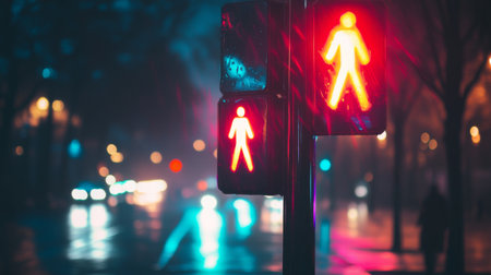 A striking nighttime view of a red pedestrian traffic signal, casting vibrant reflections on the wet pavement of a busy urban street, highlighting city life.の素材