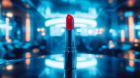 A striking red lipstick stands prominently on a glossy table, reflecting vibrant nightclub lights, capturing the essence of glamour and bold beauty.の素材