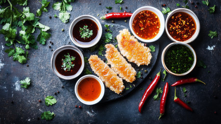 Crispy fried chicken fillets served with an array of colorful dipping sauces and fresh herbs, creating a vibrant and appetizing culinary experience.の素材