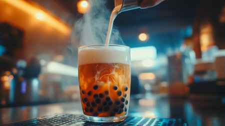 A beautiful glass of creamy bubble tea with steam rising, showcasing tapioca pearls. This beverage combines sweetness and texture, perfect for a modern cafの素材