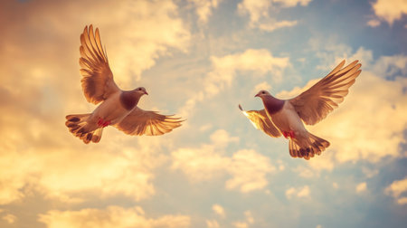 Two graceful doves soar through the sky during a stunning sunset. Their wings are spread wide, highlighting the beauty of wildlife in flight amidst vibrant clouds.の素材