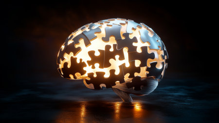 This image showcases a brain formed from puzzle pieces, illuminated from within, symbolizing creativity, problem-solving, and cognitive growth in various fields.の素材