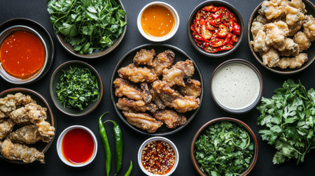 A vibrant array of fresh ingredients and sauces for preparing tasty chicken wings. Includes herbs, spices, and various sauces adding flavor and visual appeal.の素材