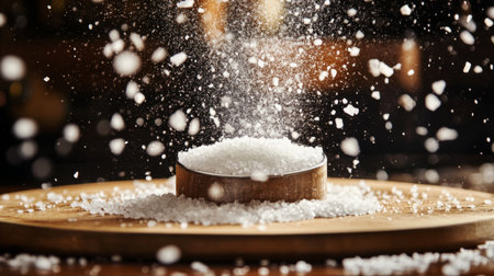 Captivating image of granulated salt gracefully falling onto a wooden surface, creating an inviting and artistic representation of culinary magic in the kitchen.の素材
