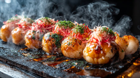 Juicy grilled scallops served on a hot plate, garnished with fresh herbs and colorful toppings, creating a visually stunning and flavorful dish perfect for seafood lovers.の素材