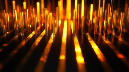 This stunning abstract image features golden light patterns created by vertical bars casting dynamic shadows. The vibrant colors enhance the overall aesthetic, making it ideal for creative projects.の素材