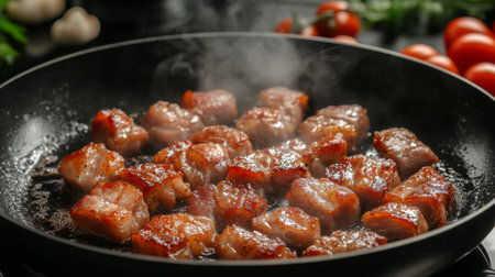 Juicy, sizzling cubes of pork are frying in a pan, releasing steam and aromatic essence. Fresh ingredients like tomatoes and herbs add vibrant colors.の素材