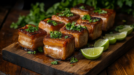 A beautifully arranged plate of crispy pork belly garnished with fresh cilantro and lime on a rustic wooden board, perfect for any gourmet meal.の素材