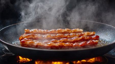 Thick slices of bacon sizzle in a pan, releasing flavorful steam. This appetizing scene captures the essence of a hearty breakfast, evoking taste and aroma.の素材