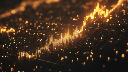 Discover an abstract visualization of financial data with glowing golden elements. This dynamic image represents market trends and trading patterns in a modern, digital style.の素材