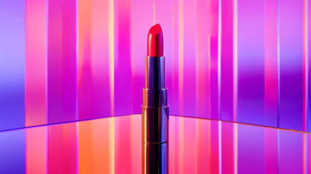 A striking image of a vibrant red lipstick placed elegantly against a colorful background. The reflection adds depth and highlights the beauty of cosmetics.の素材