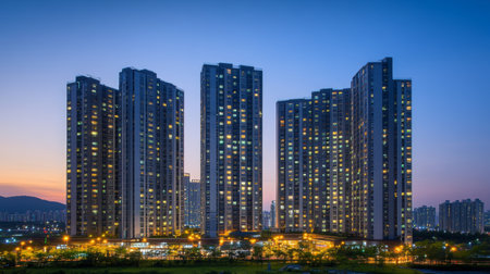 A stunning view of modern high-rise buildings glowing with lights at dusk, set against a vibrant sky that hints at the bustling urban life below.の素材