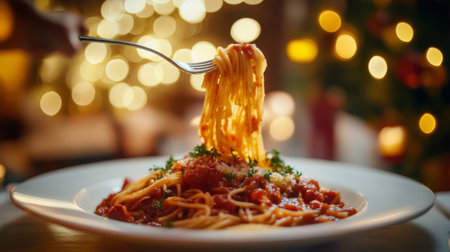 A mouth-watering plate of pasta twirled on a fork, showcasing vibrant colors against a soft, illuminated background creating a warm, festive atmosphere.の素材