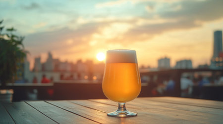 A beautifully crafted glass of beer resting on a table, capturing the essence of relaxation as the sun sets behind an urban skyline.の素材