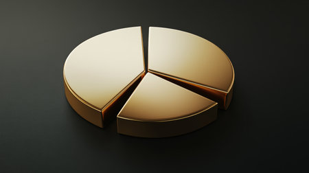 A glossy golden pie chart segment sits elegantly on a dark backdrop, symbolizing financial progress and data analysis for business presentations and reports.の素材
