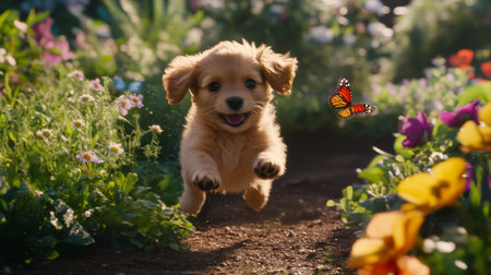 A joyful puppy leaps through a vibrant flower garden, showcasing its playful spirit alongside a fluttering butterfly. Perfect for nature lovers!の素材