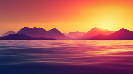 Experience a breathtaking sunset over a calm ocean, with majestic mountains in the background. This serene landscape captures the beauty of nature's colors.の素材