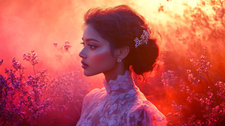 This captivating portrait features a woman in profile against a dreamy floral background. The soft pink light creates a tranquil and romantic atmosphere, emphasizing beauty and elegance.の素材