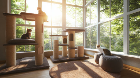 Bright indoor space featuring playful cats enjoying sunlight by large windows. The pet furniture adds warmth and comfort to this serene setting.の素材