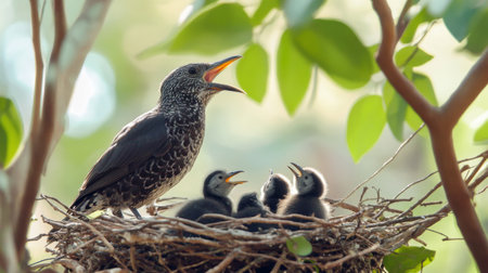 A parent bird feeds its adorable chicks in a cozy nest, surrounded by lush green leaves. The scene captures the essence of nurturing and wildlife.の素材