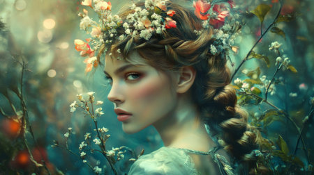 A captivating portrait of a woman with a floral crown, surrounded by blooming flowers in a magical forest, exuding serenity and ethereal beauty.の素材