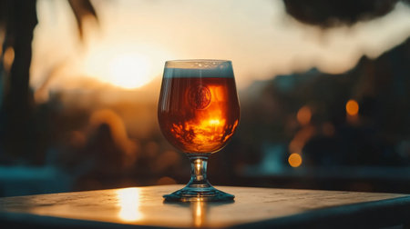 A glass of golden beer sits elegantly on a table, reflecting the warm sunset. This image captures the essence of relaxation and enjoyment in a scenic outdoor setting.の素材