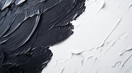 A close-up of a textured surface showcasing thick strokes of black and white paint, creating a bold contrast that evokes artistic expression and modern aesthetics.の素材