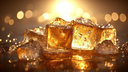 Ice cubes shining in a golden liquid against a warm sunrise backdrop, featuring a captivating bokeh effect. Perfect for beverage-related themes.の素材