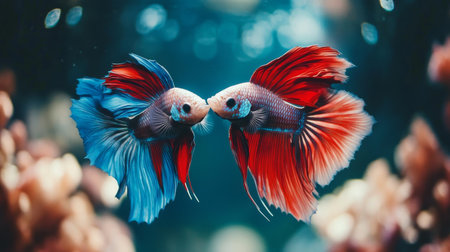 Two vibrant betta fish swim gracefully in a stunning underwater scene, showcasing their colorful fins and the serenity of aquatic life in harmony.の素材