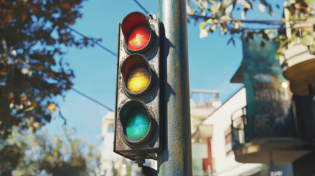 A close-up view of a traffic light mounted on a pole in an urban setting, showcasing green, yellow, and red signals against a clear blue sky.の素材