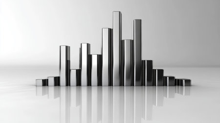 A sleek metallic bar graph on a smooth reflective surface illustrates data representation. This modern design emphasizes growth and analysis in various business and financial contexts.の素材