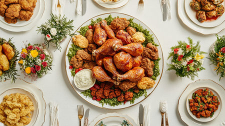 A beautifully arranged festive feast featuring fried chicken surrounded by various sides and vibrant flowers, perfect for celebrations and gatherings.の素材